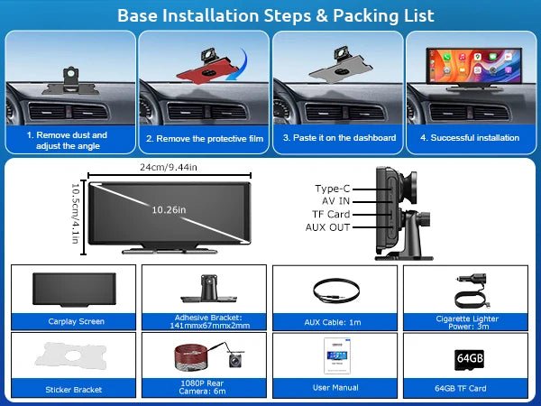 10.2” Wireless CarPlay/Android Auto with 4K + Dash Cam + Reverse Camera