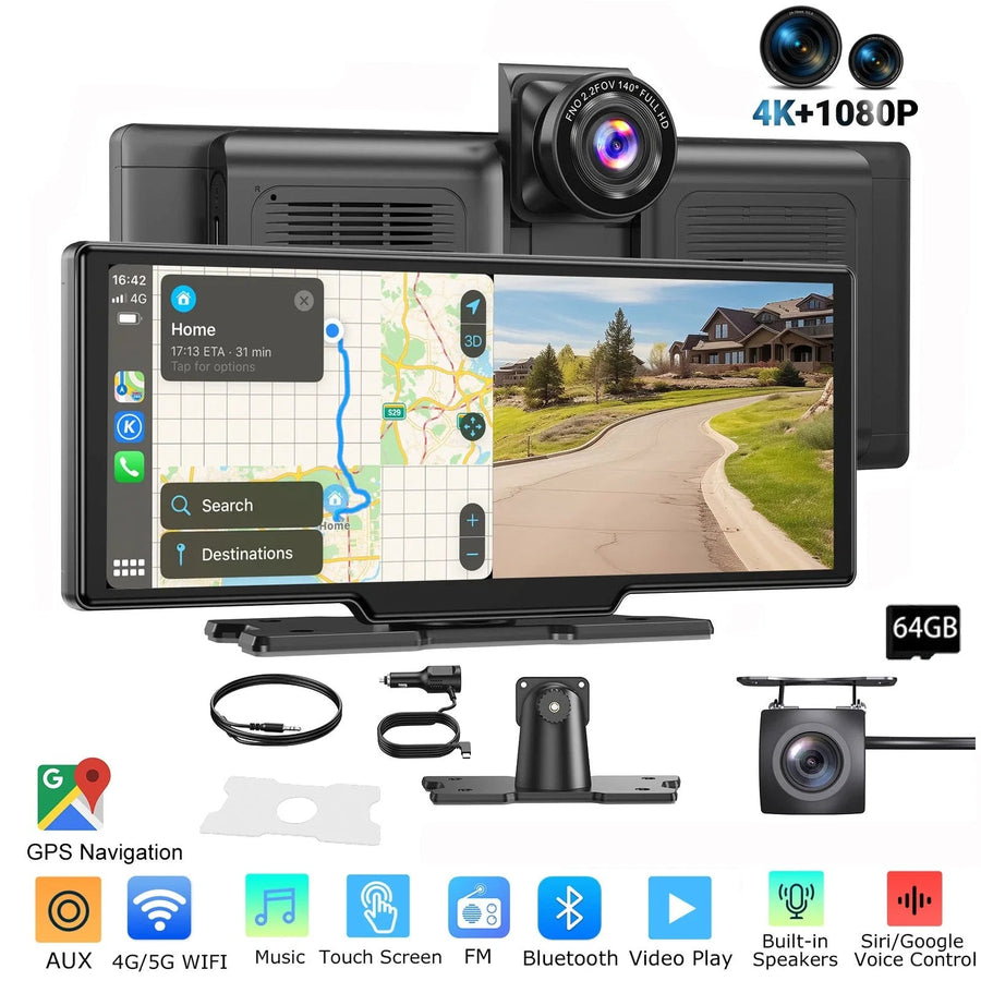 10.2” Wireless CarPlay/Android Auto with 4K + Dash Cam + Reverse Camera