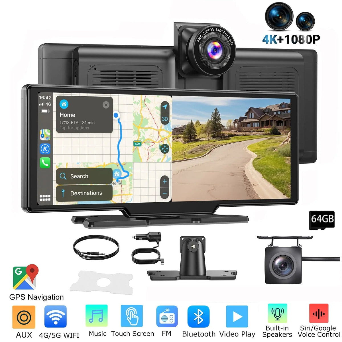 Wireless CarPlay Android Auto with 4K Dash Cam + Reverse Camera