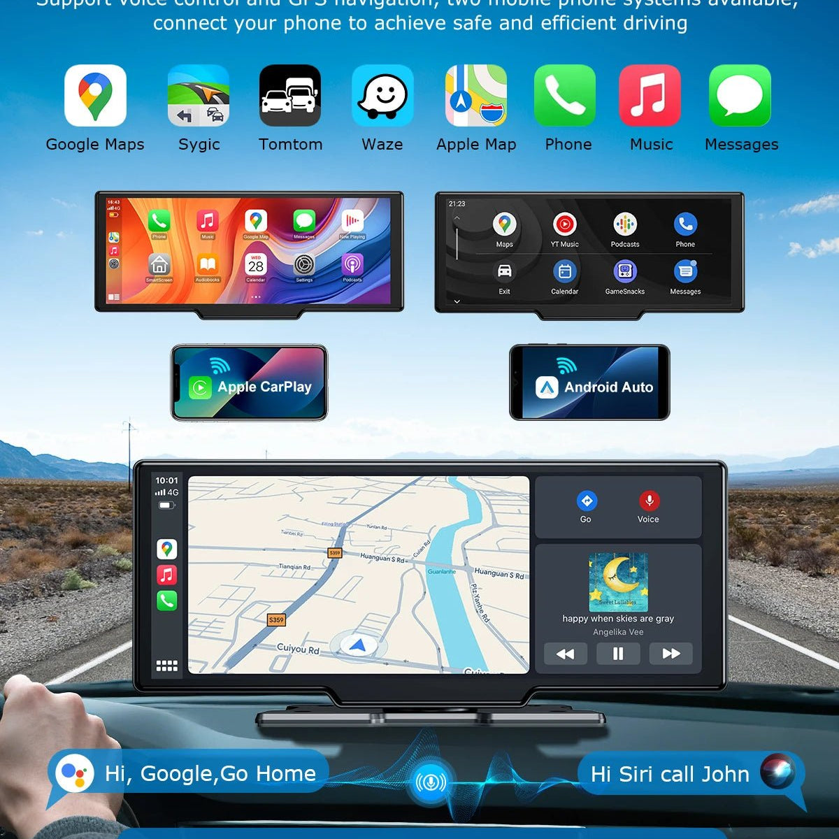 10.2” Wireless CarPlay/Android Auto with 4K + Dash Cam + Reverse Camera