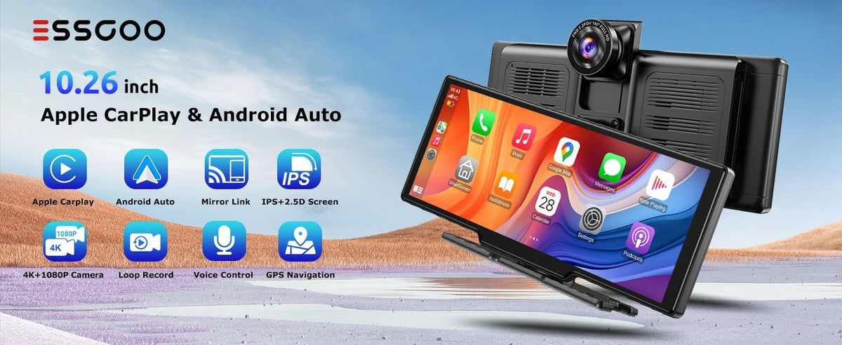 10.2” Wireless CarPlay/Android Auto with 4K + Dash Cam + Reverse Camera